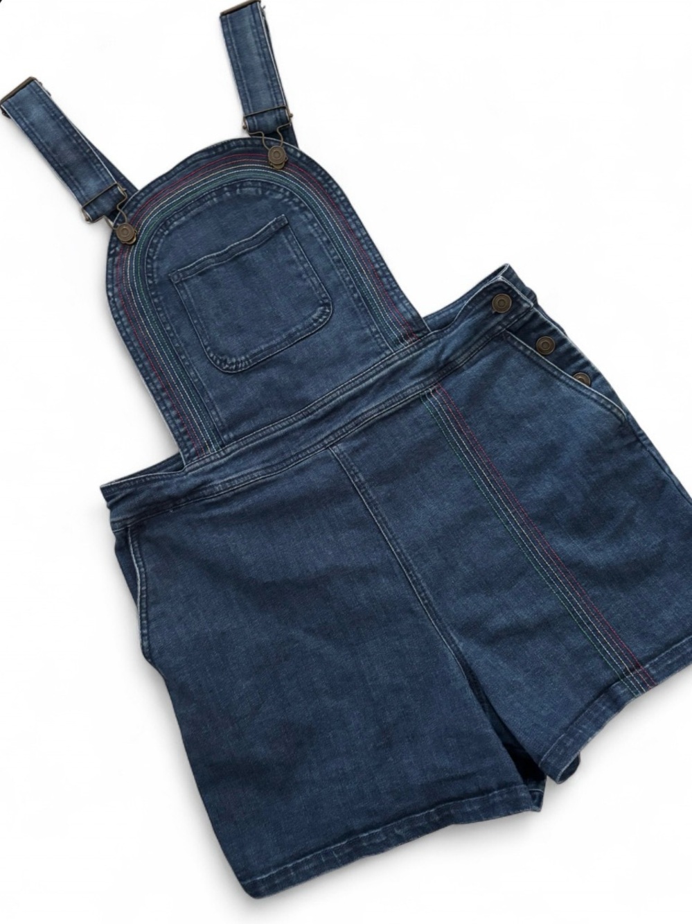 ModCloth Women’s Bib Overall Jean Shorts Embroidered Rainbow Stripes Sz 12 /Lg